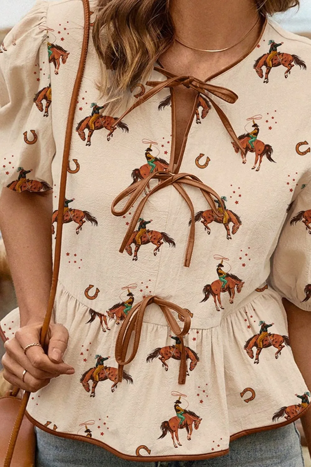 Horse Print Tie-Front Peplum Blouse, image 2