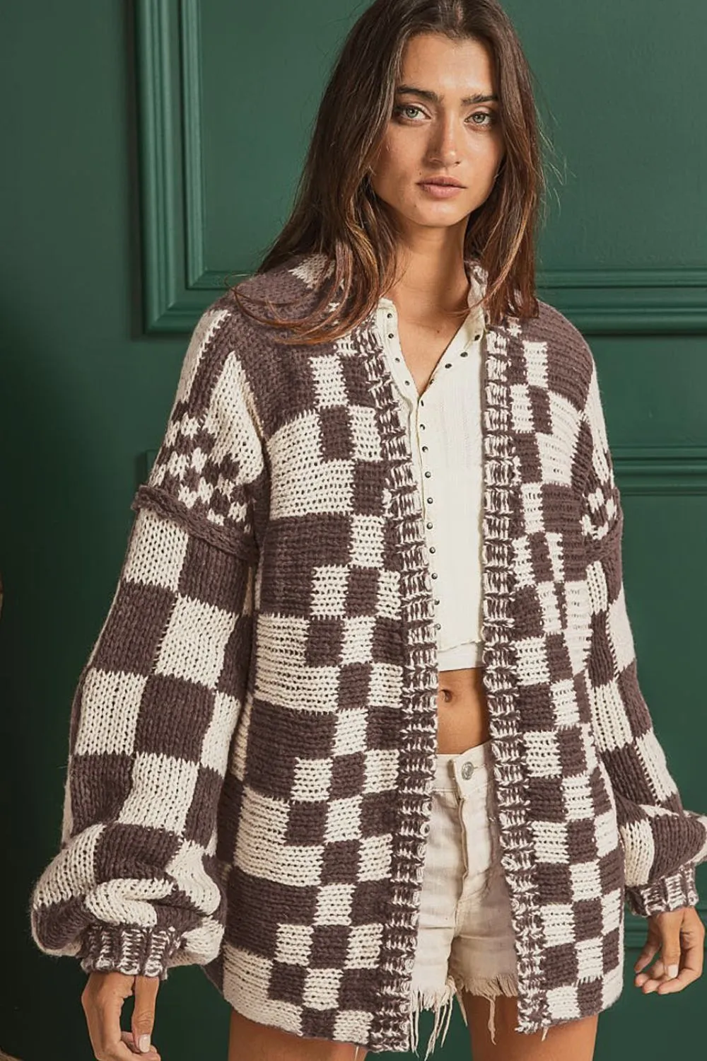 Checkered Open Front Long Sleeve Cardigan, image 11