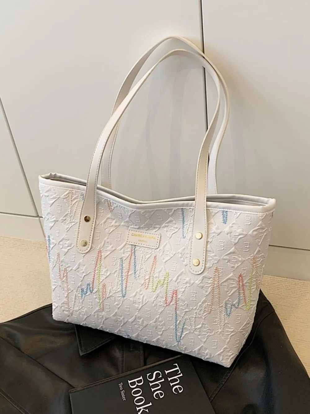 Contrast PU Leather Tote Bag, image 8
