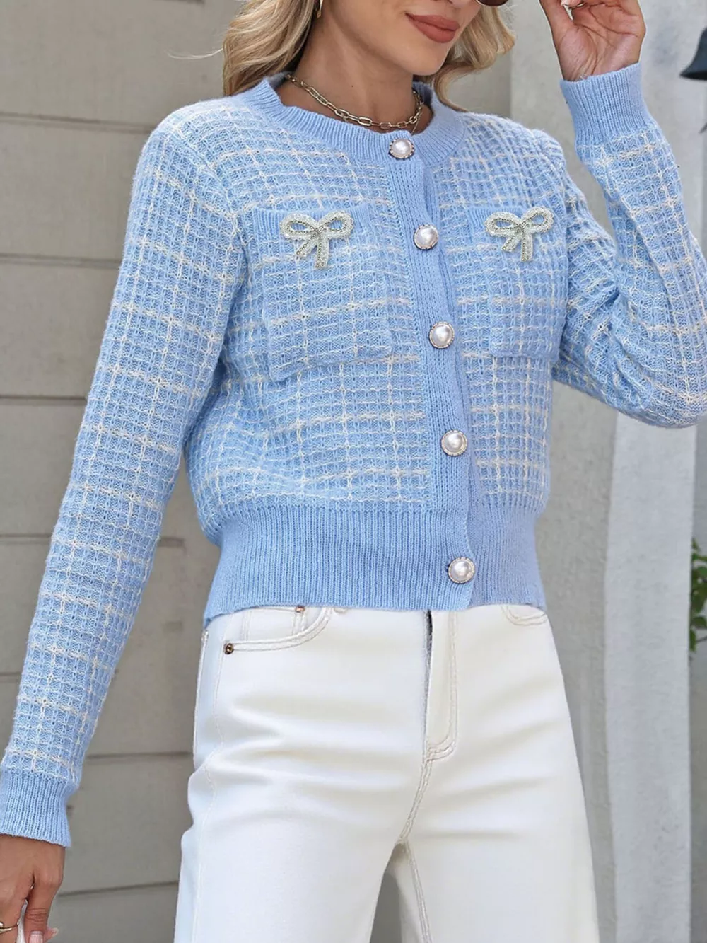 Tweed-Style Bow Button-Down Cardigan, image 6