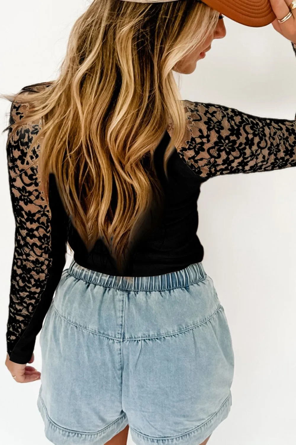 Mock Neck Long Sleeve Lace Patchwork T-Shirt, image 3