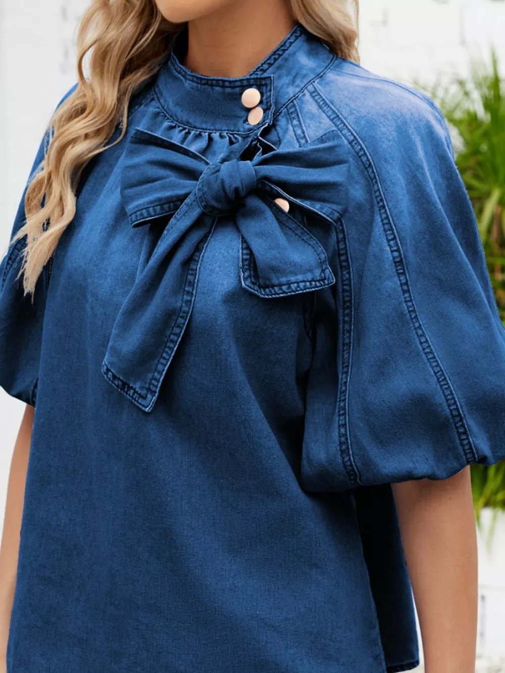 Bow Accent Puff Sleeve Denim Top, image 9