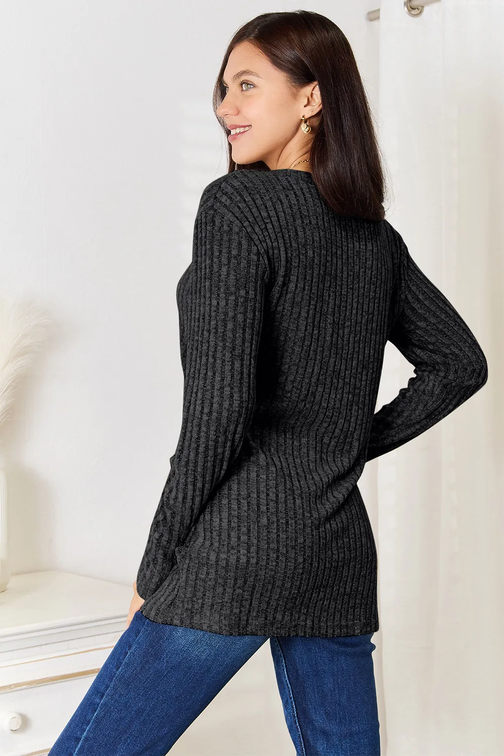 Notched Neck Ribbed Long Sleeve T-Shirt, image 3