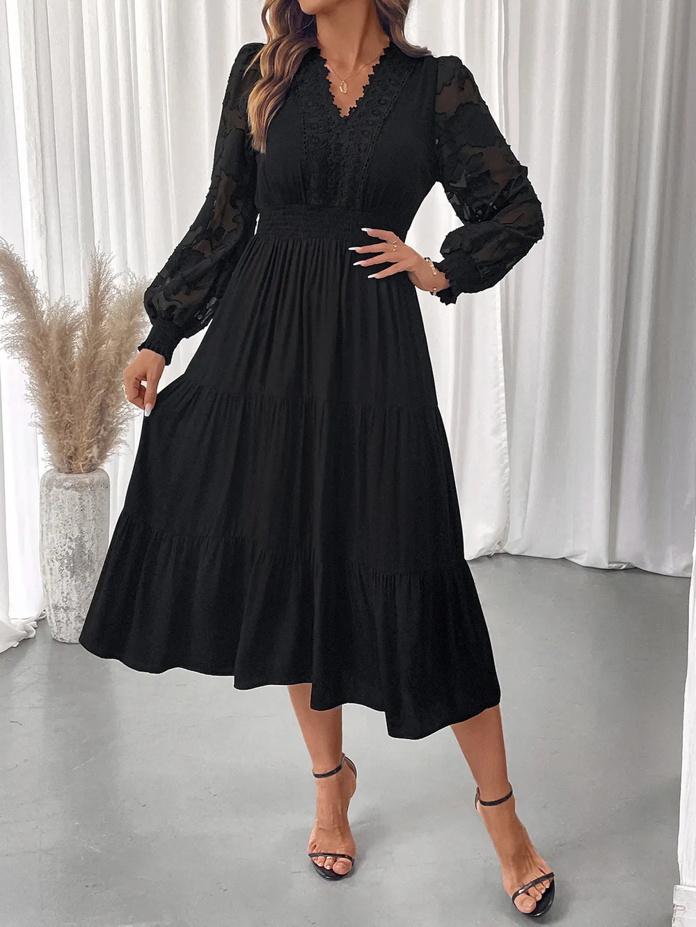 Lace Detail Lantern Sleeve Tiered Dress, image 5