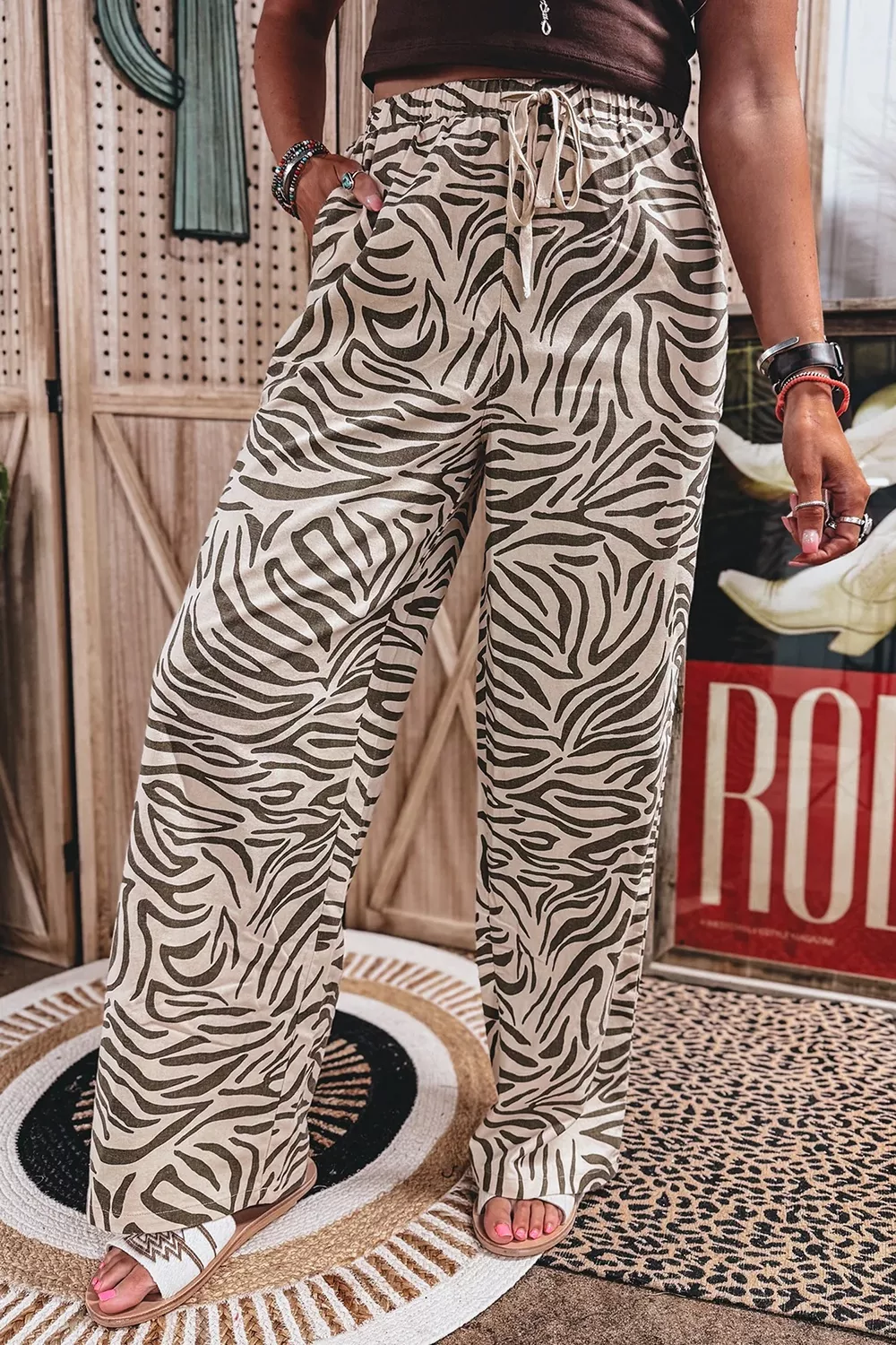 Multicolour Western Print Zebra Pattern Elastic Waist Pocket Pants, image 4
