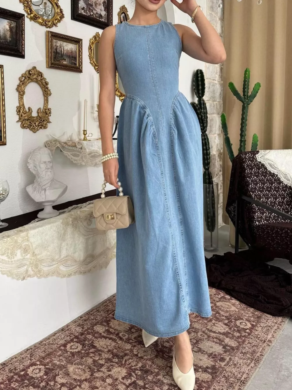 Sleeveless A-Line Denim Midi Dress, image 2