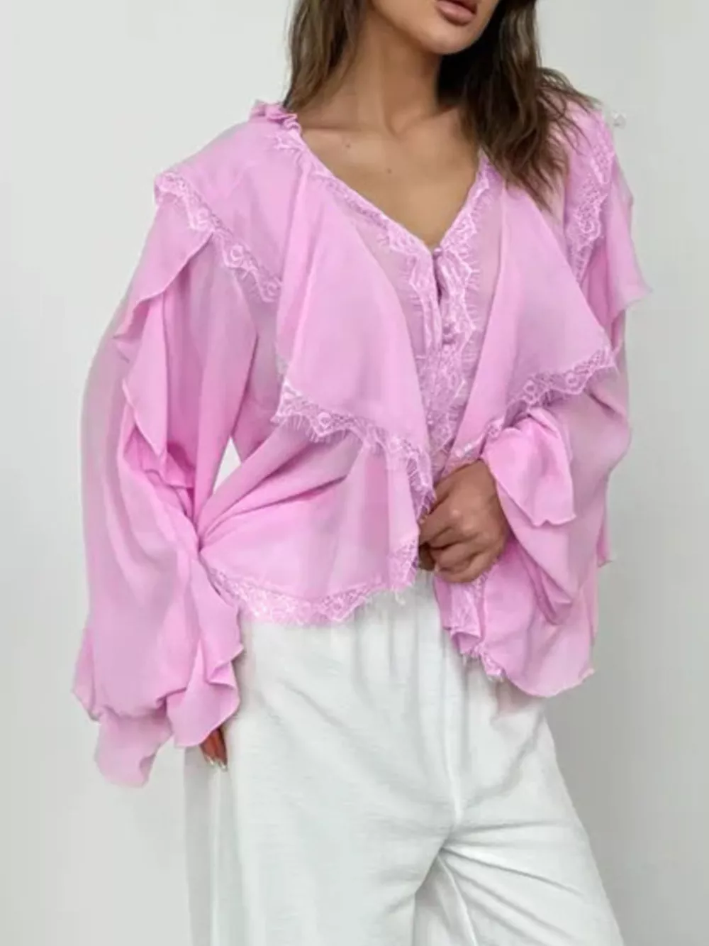V-Neck Ruffled Lace Trim Blouse, image 9
