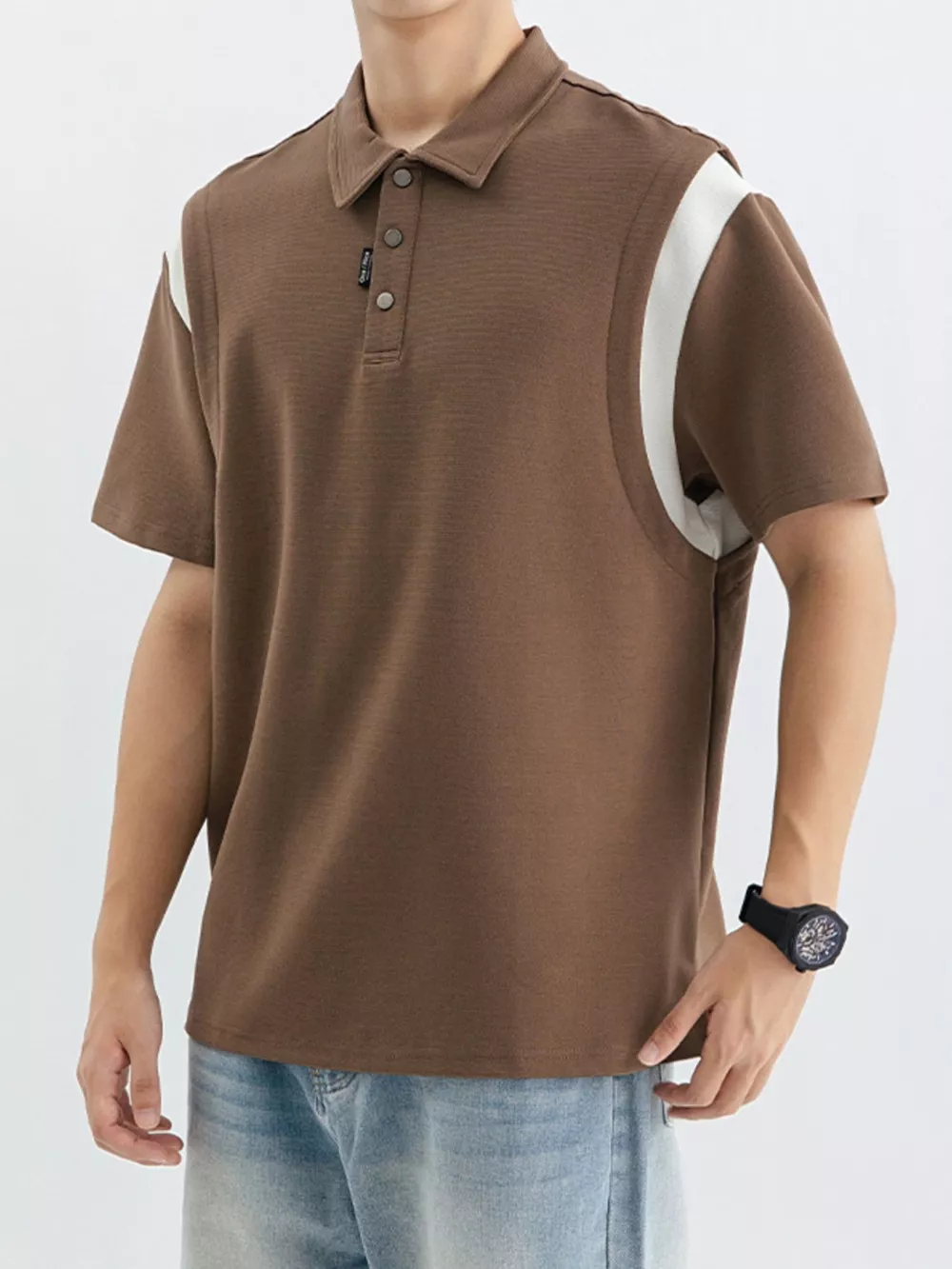 Men's Plus Size Contrast Shoulder Casual Polo, image 5