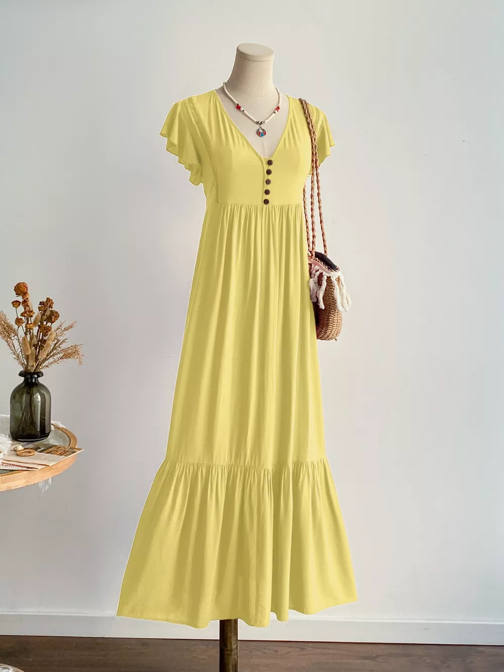 Flutter Sleeve Button Front Maxi Dress, image 3