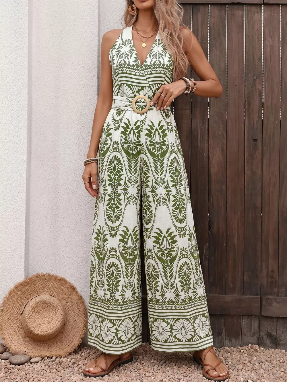 Printed Halter Neck Wide Leg Jumpsuit, image 3