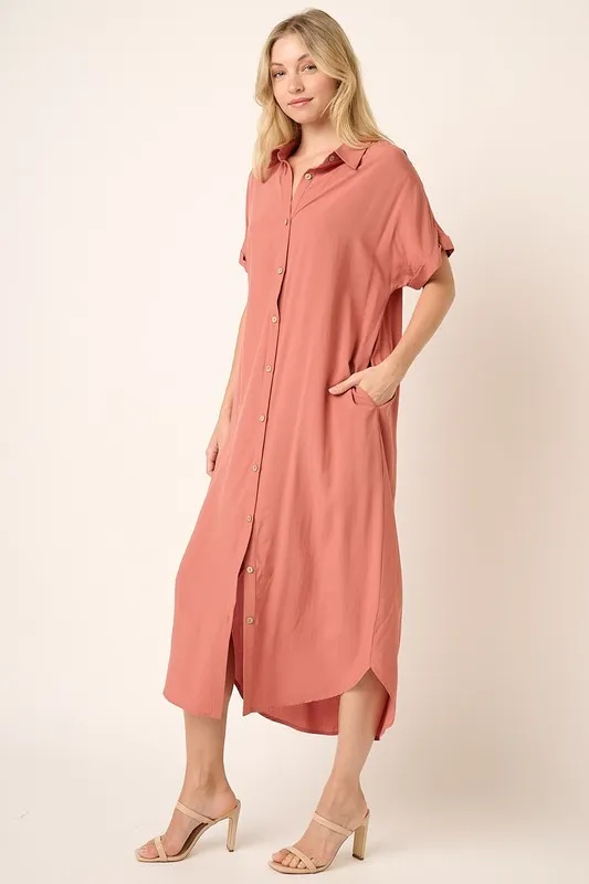 Collared Neck Dolman Short Sleeve Midi Shirt Dress, image 3