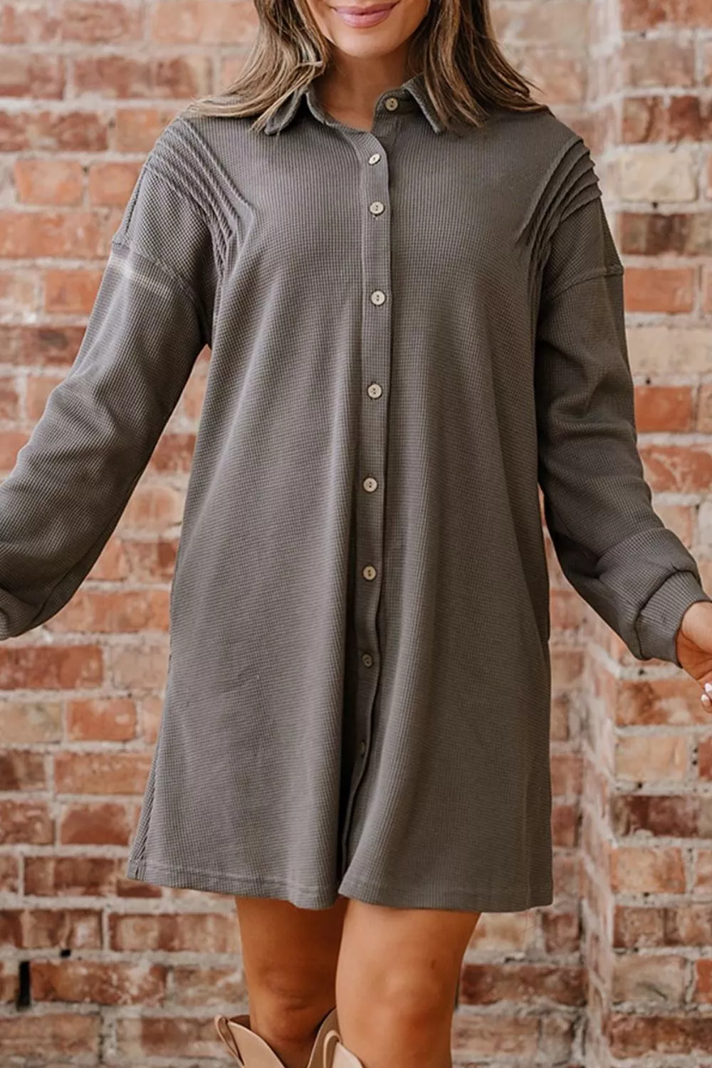 Waffle Knit Shirt Tunic Dress, image 7
