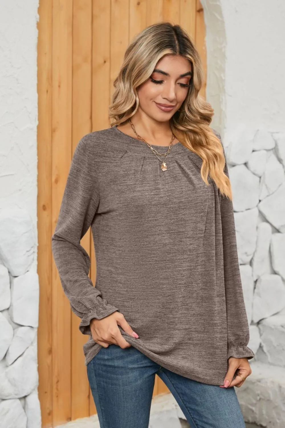 Ruched Round Neck Flounce Sleeve T-Shirt, image 27