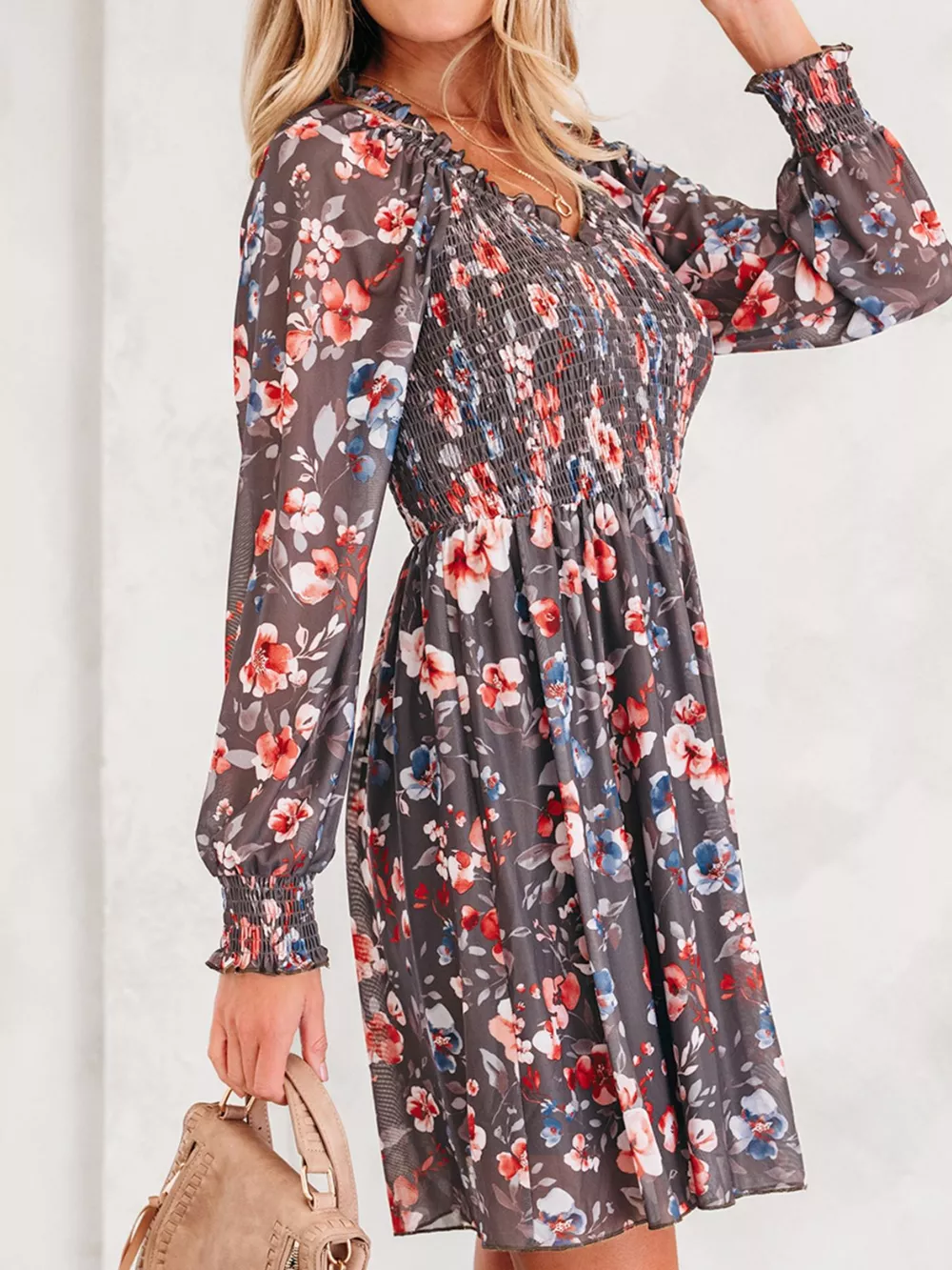 Frilly Smocked Bodice Floral Mesh Long Sleeve Mini Dress, image 2