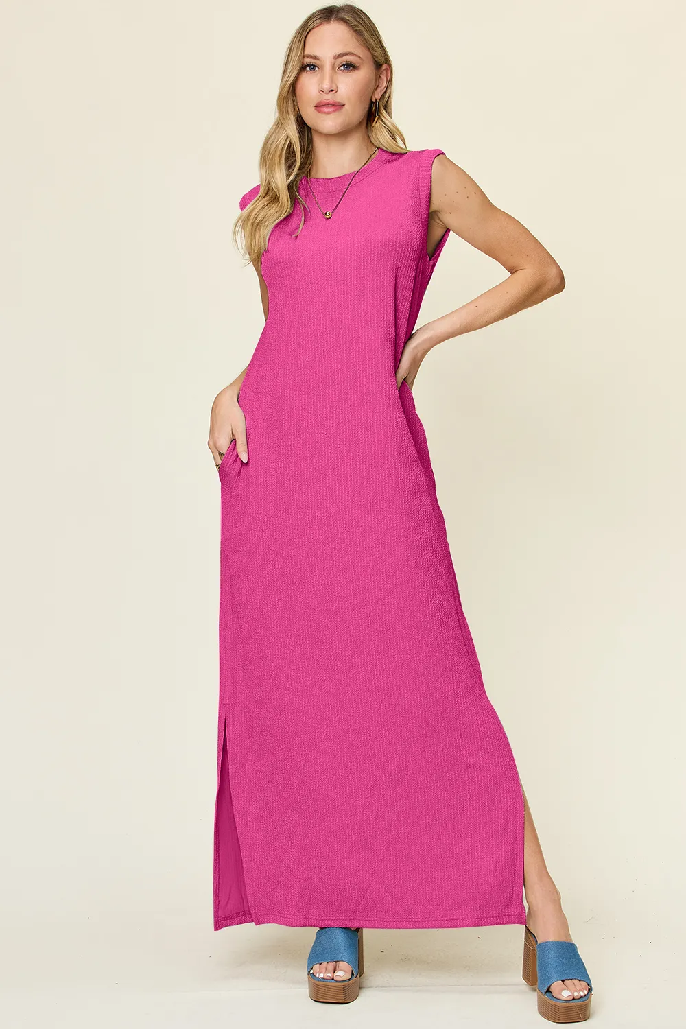 Full Size Texture Mock Neck Sleeveless Maxi Dress, image 6