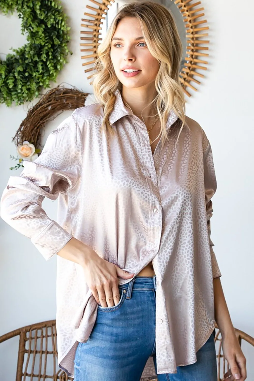 Full Size Ditsy Dot Button Down Collared Satin Shirt, image 4