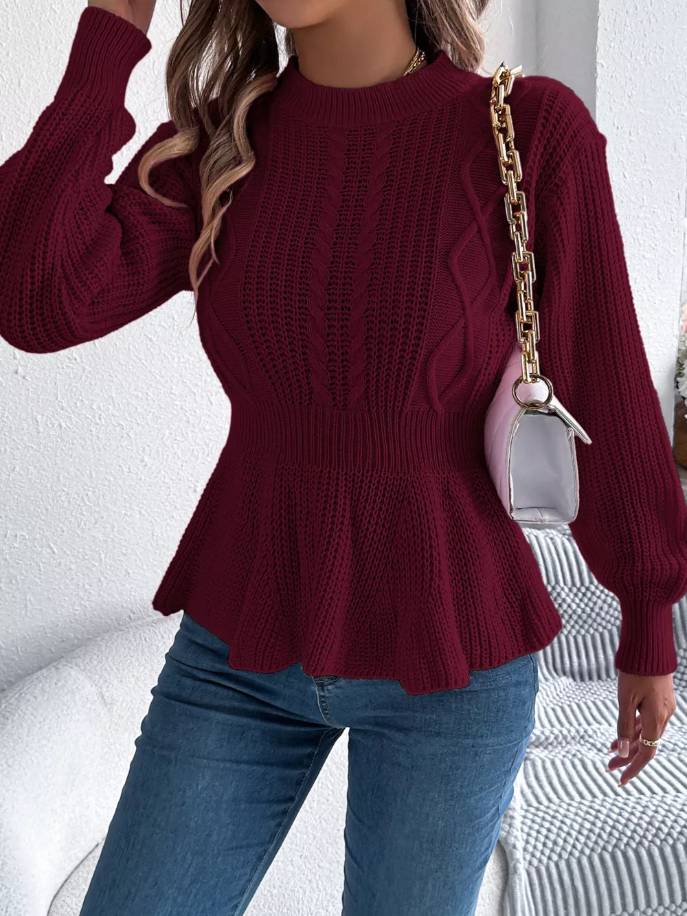 Cable Knit Round Neck Peplum Sweater, image 16