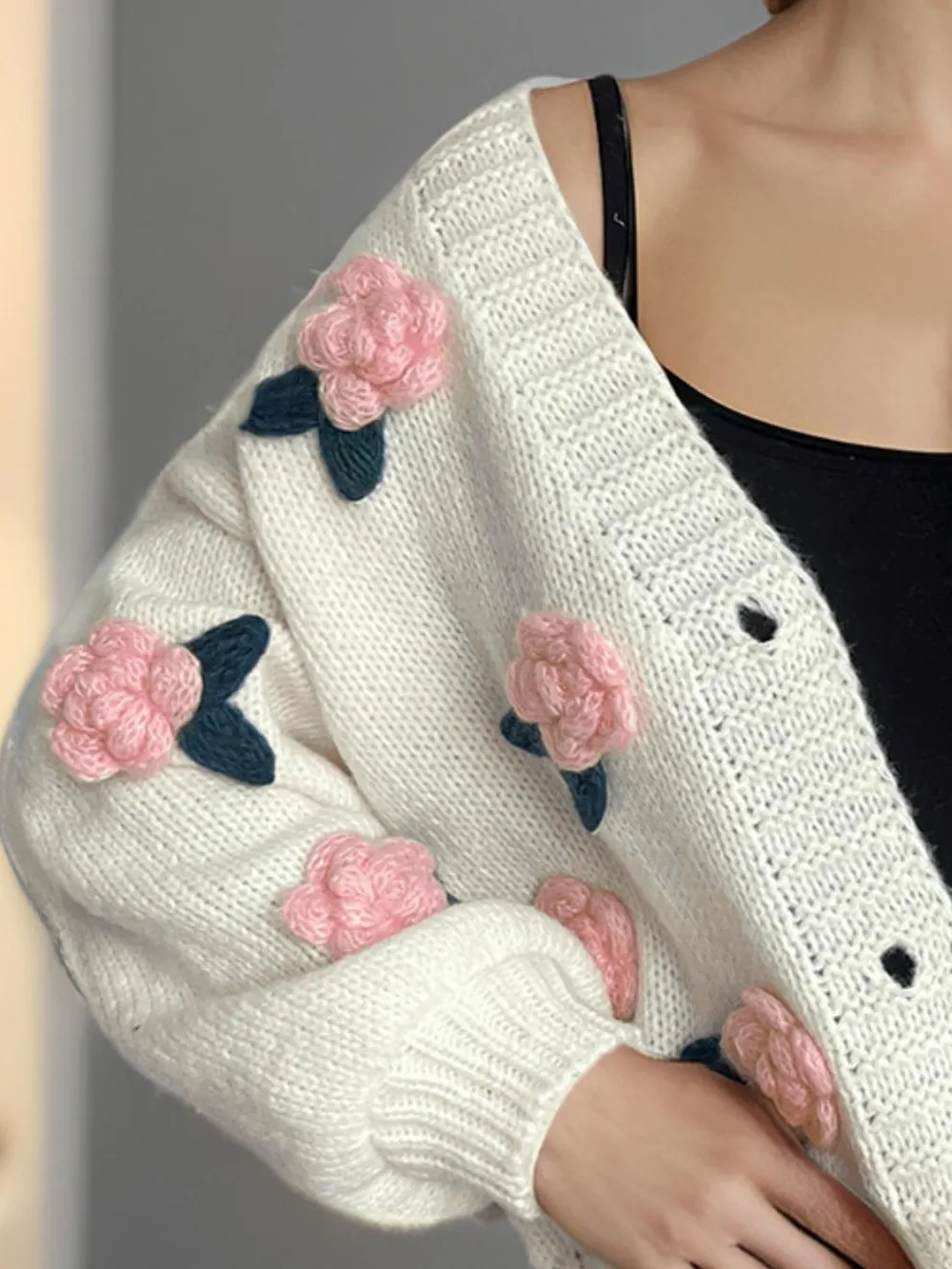 Flower Button Down V-Neck Long Sleeve Cardigan, image 3
