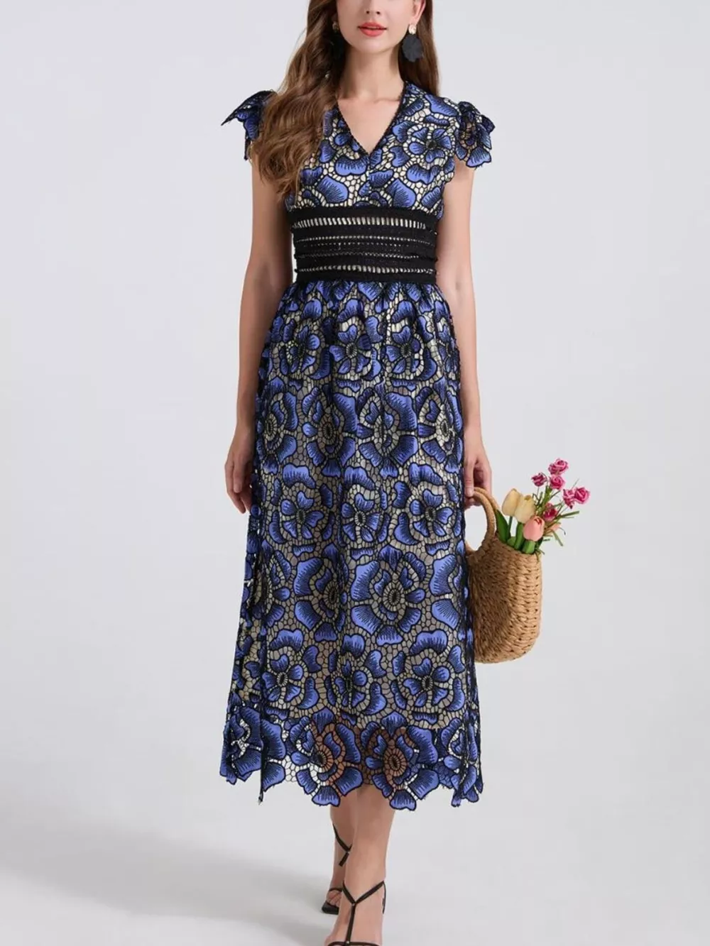 Printed V-Neck Ruffle Sleeve Midi Dress, image 3