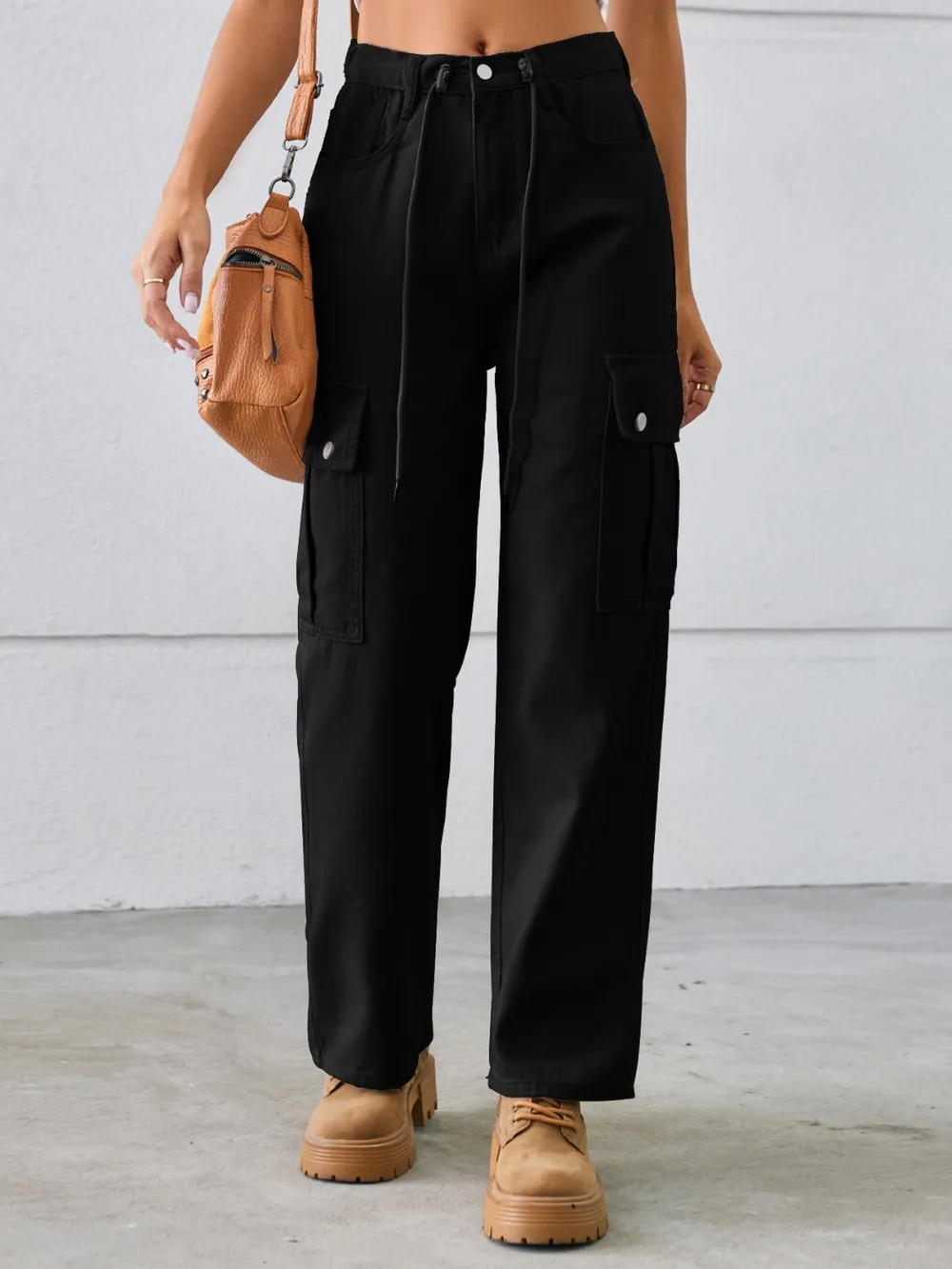 Drawstring Mid-Rise Waist Straight Cargo Jeans, image 11