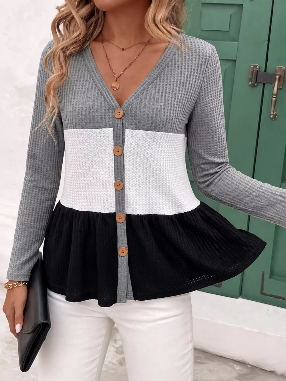 Color Block Waffle Knit Button-Down Cardigan, image 3