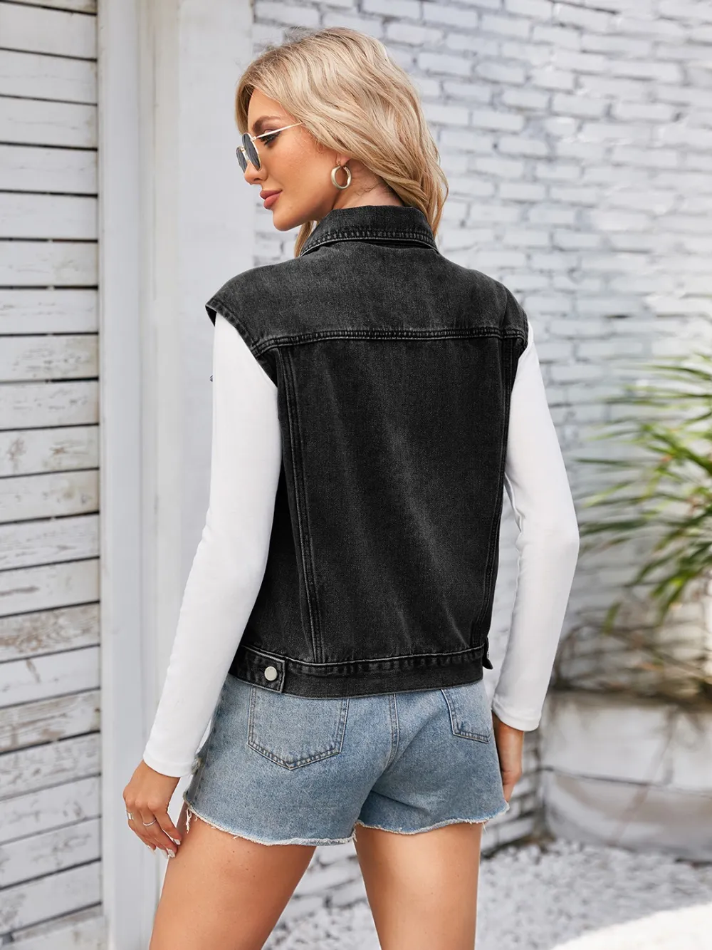 Button Up Cap Sleeve Denim Jacket, image 6