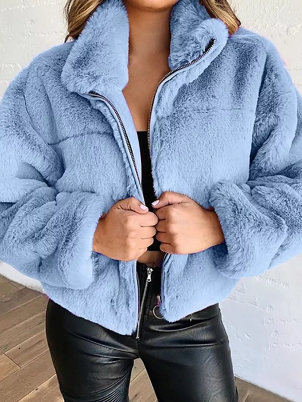 Full Size Faux Fur Cropped Zip-Up Jacket Plus Size, image 10