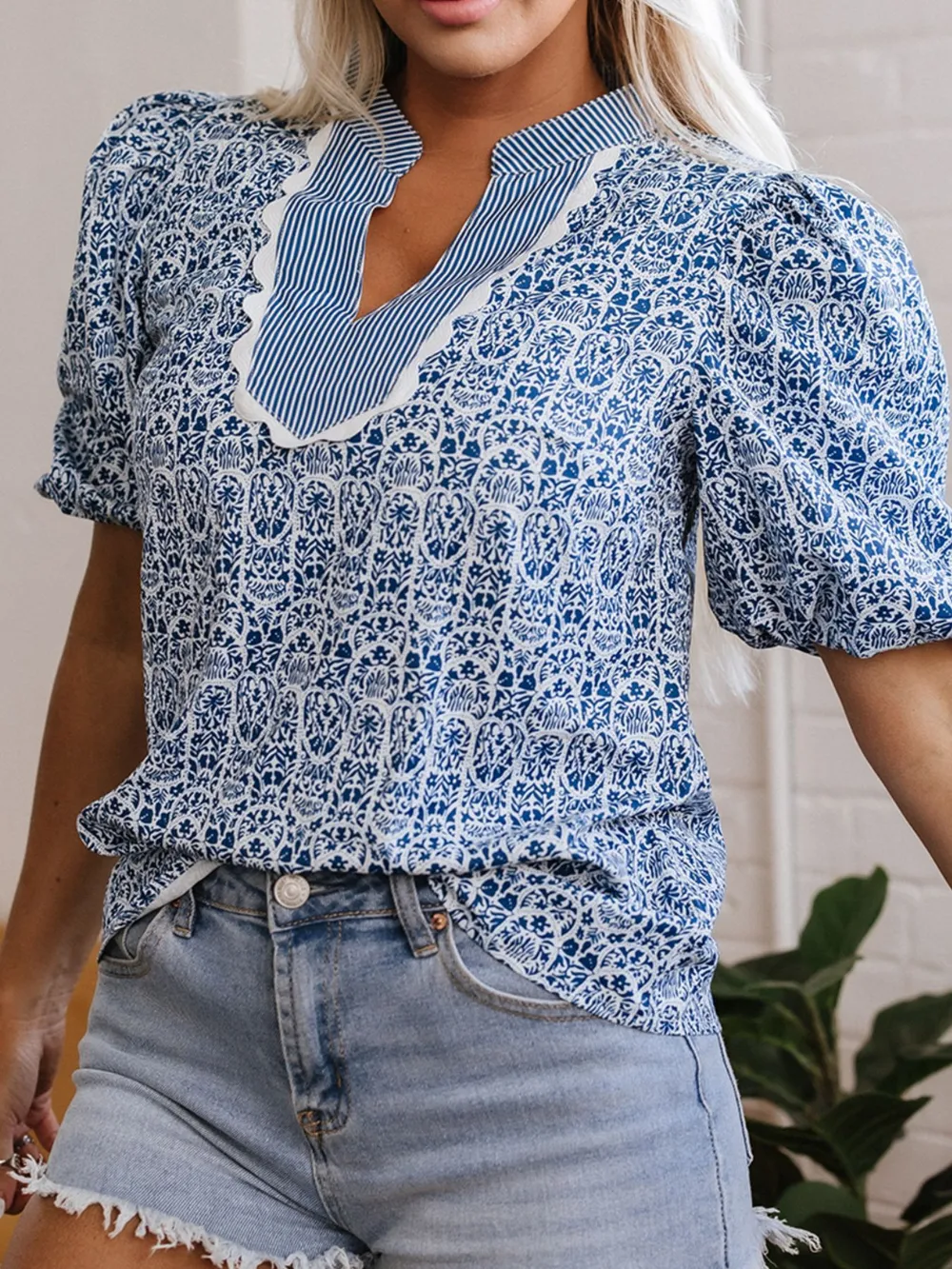 Printed Contrast Ric-Rac Puff Sleeve Top, image 5