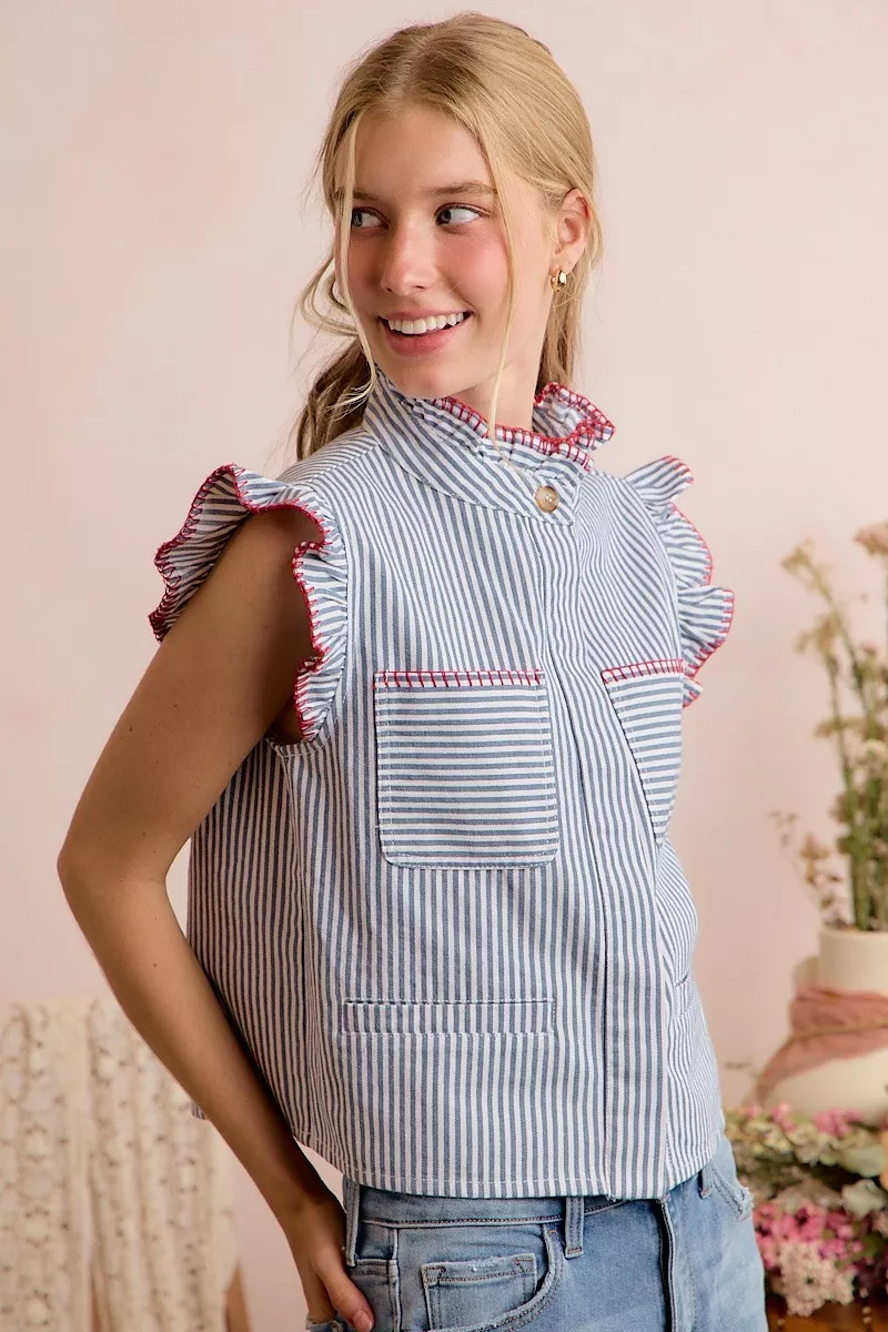 Stripe Twill Stitch Ruffled Hidden Button Vest Top, image 20