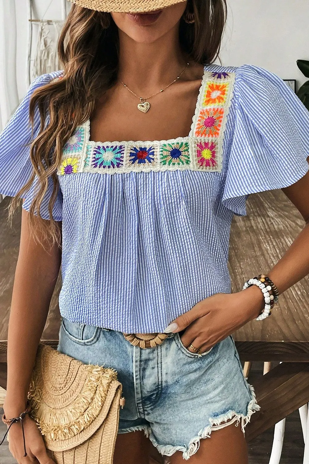 Stripe Textured Ruffle Short Sleeve Boho Detail Square Neck Blouse, image 9