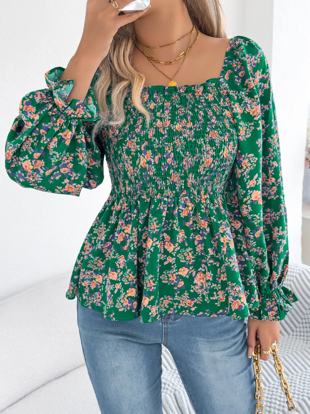 Floral Square Neck Flounce Sleeve Blouse, image 9