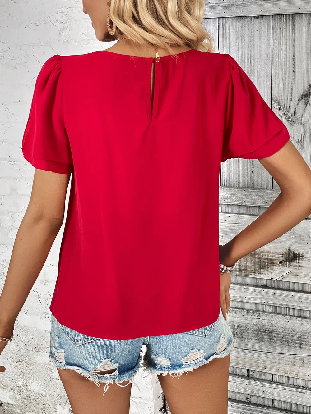 Round Neck Slit Short Sleeve Top, image 4