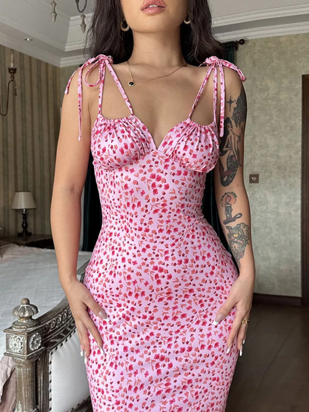 Floral Print Tie Strap Bodycon Maxi Dress, image 16