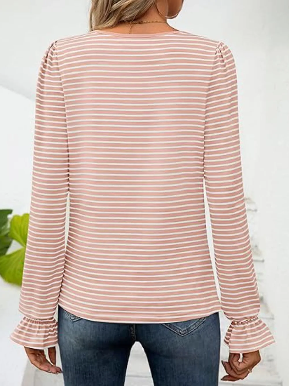 Striped Square Neck Flounce Sleeve Top, image 19