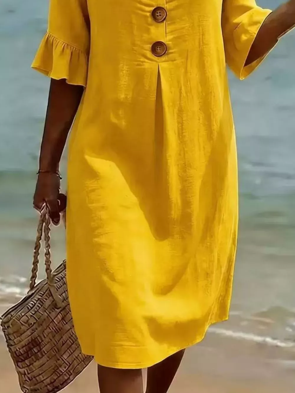 Full Size Button Decor Flounce Sleeve Dress Plus Size, image 14