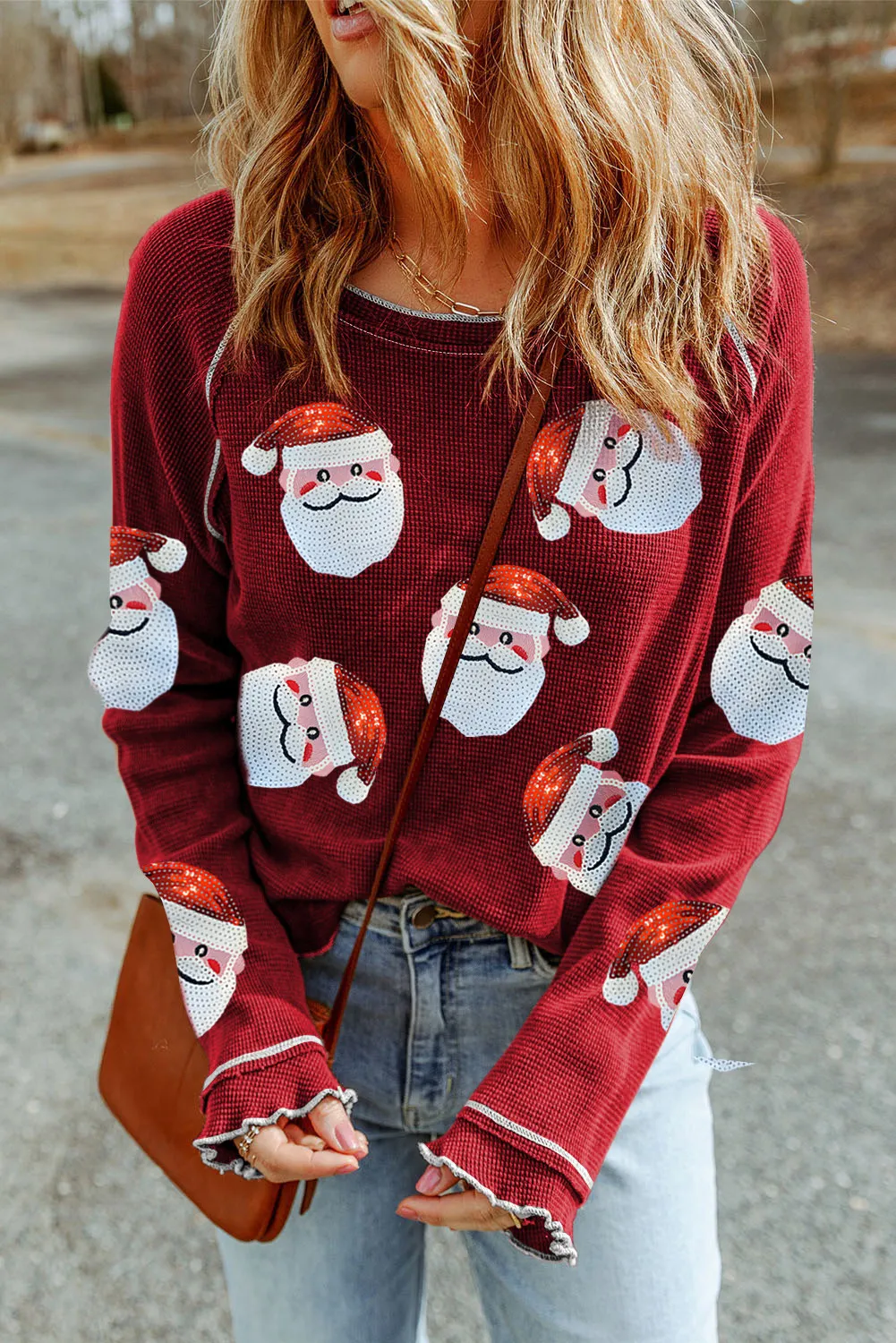 Sequin Santa Round Neck Long Sleeve Blouse, image 2