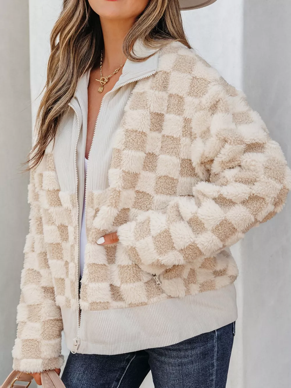 Checker Sherpa Corduroy Patchwork Zip Up Jacket, image 4