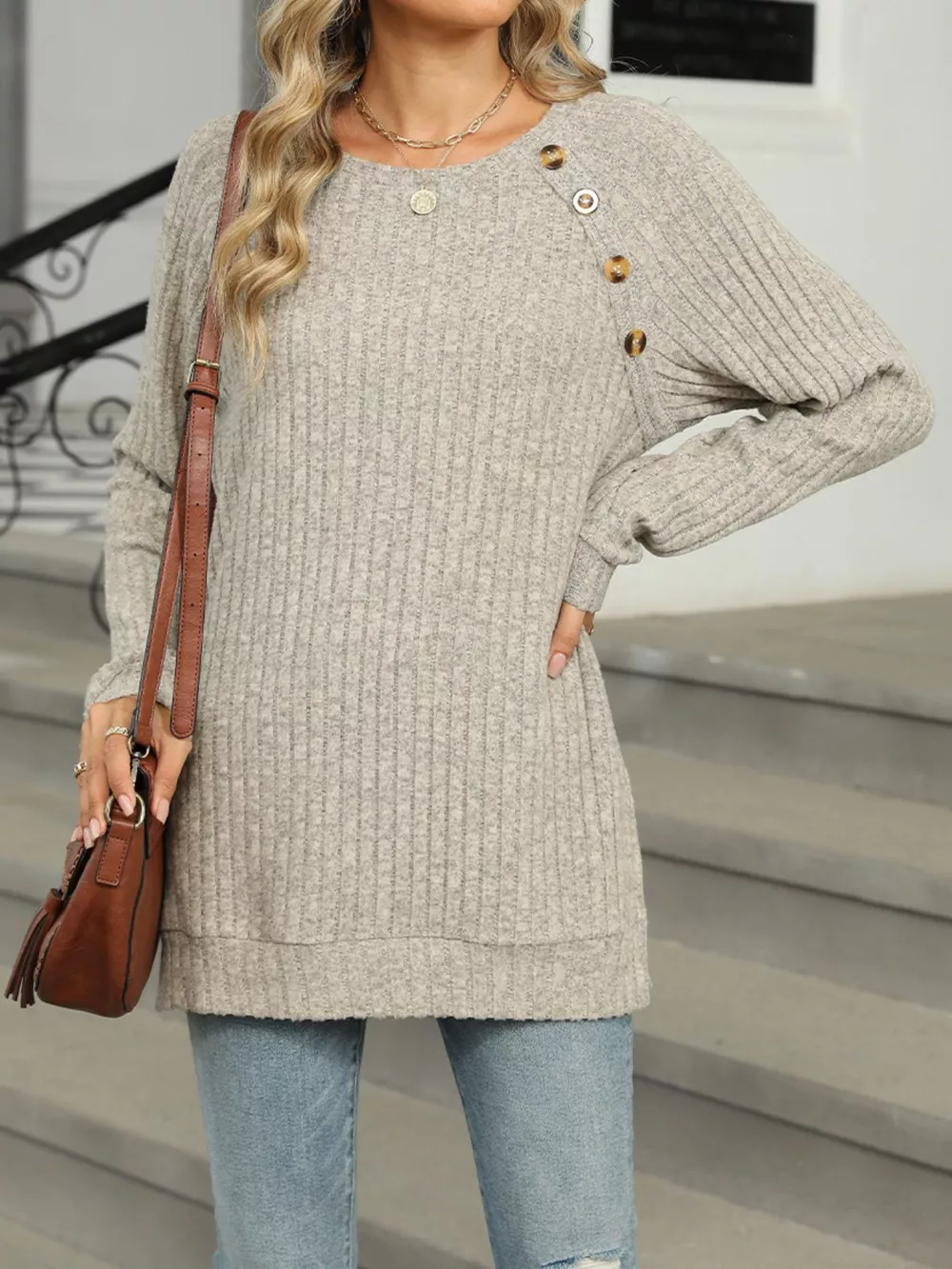 Round Neck Side Slit Ribbed Knit Top with Asymmetric Button Detail, image 4