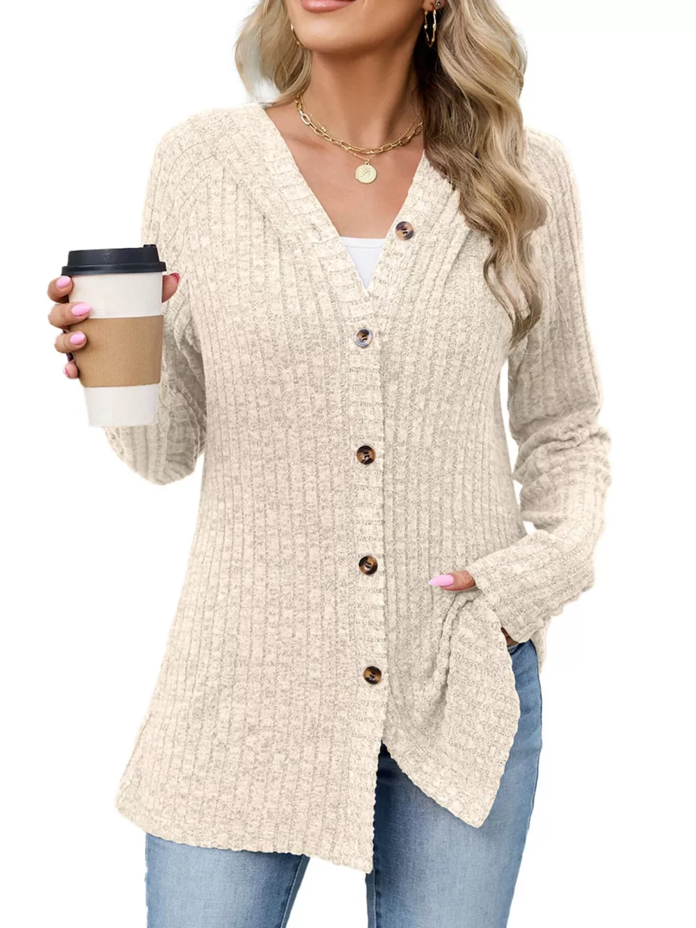 Ribbed Knit Hooded Button-Down Cardigan