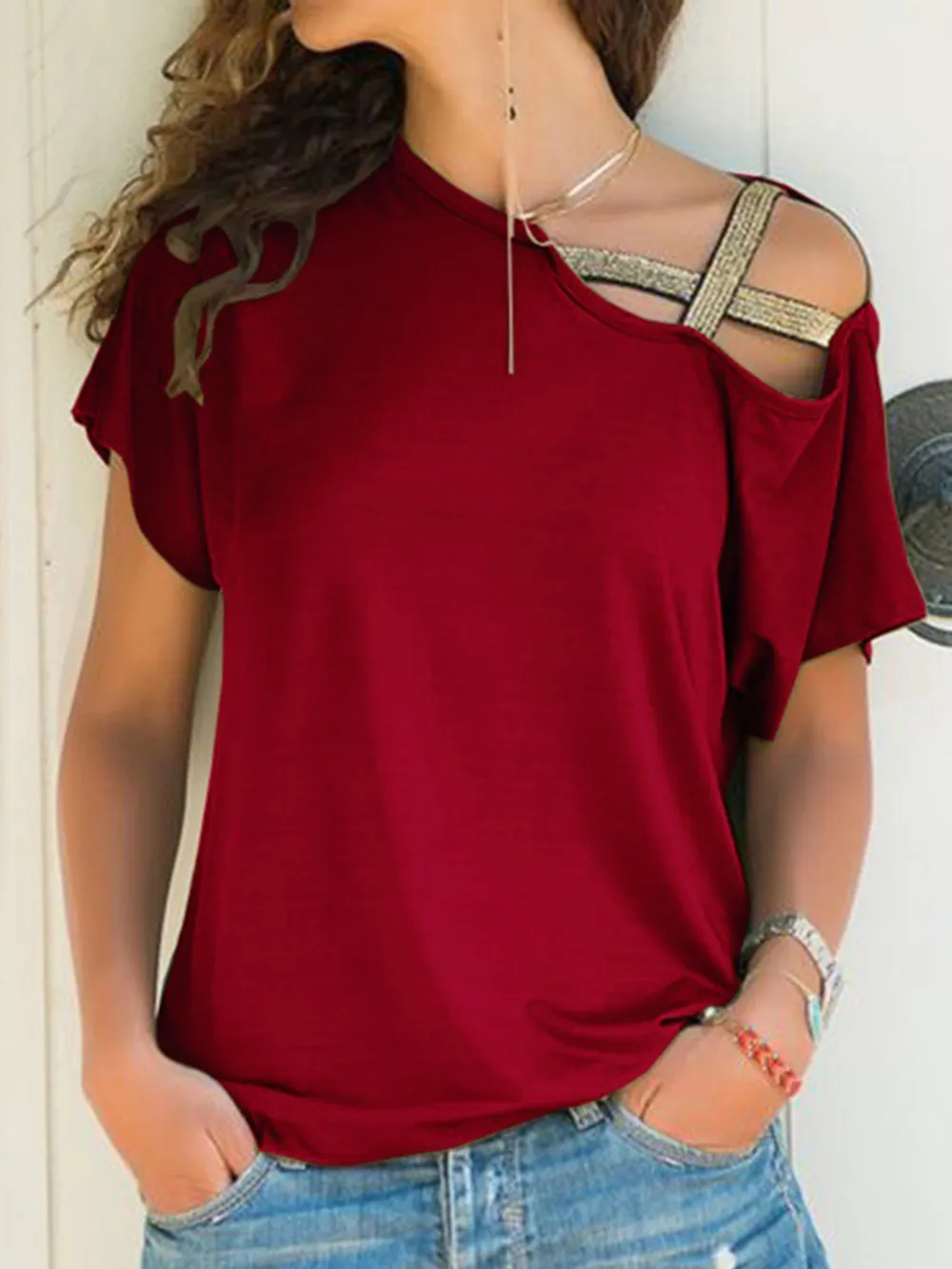 Asymmetrical Neck Short Sleeve T-Shirt, image 10