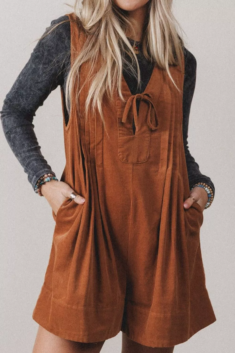 Solid Color Tie V Neck Sleeveless Corduroy Romper, image 6