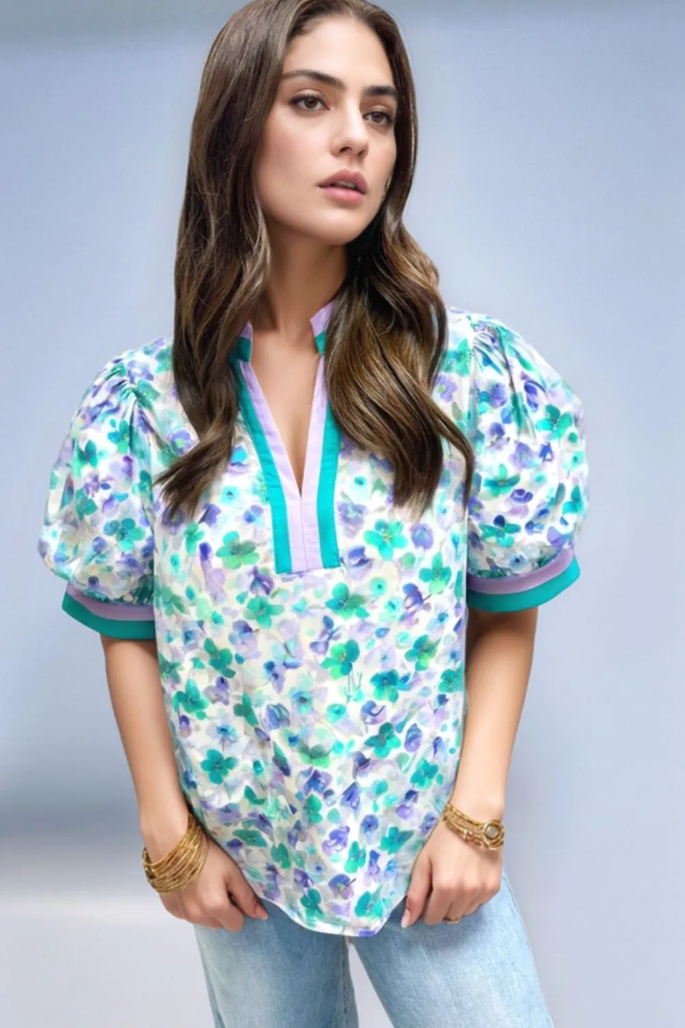 Floral Print Puff Sleeve Notched Blouse, image 3