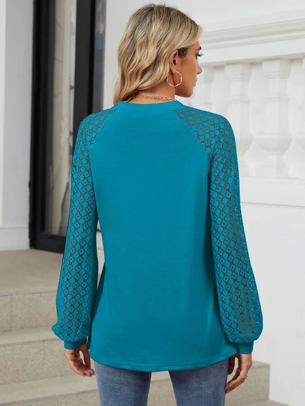 Round Neck Lace Long Sleeve Top, image 11