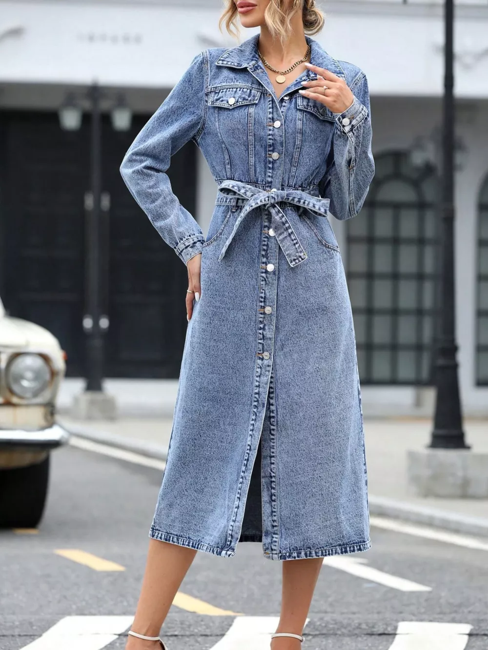 Belted Long Sleeve Denim Dress, image 9