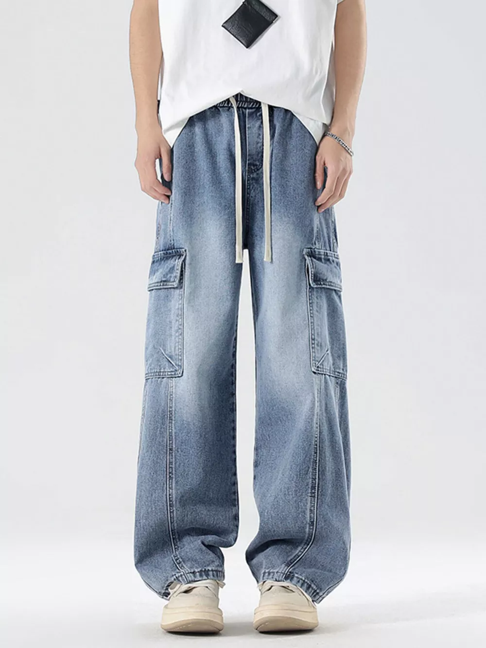 Men's Plus Size Wash Wide Leg Cargo Jeans, image 7