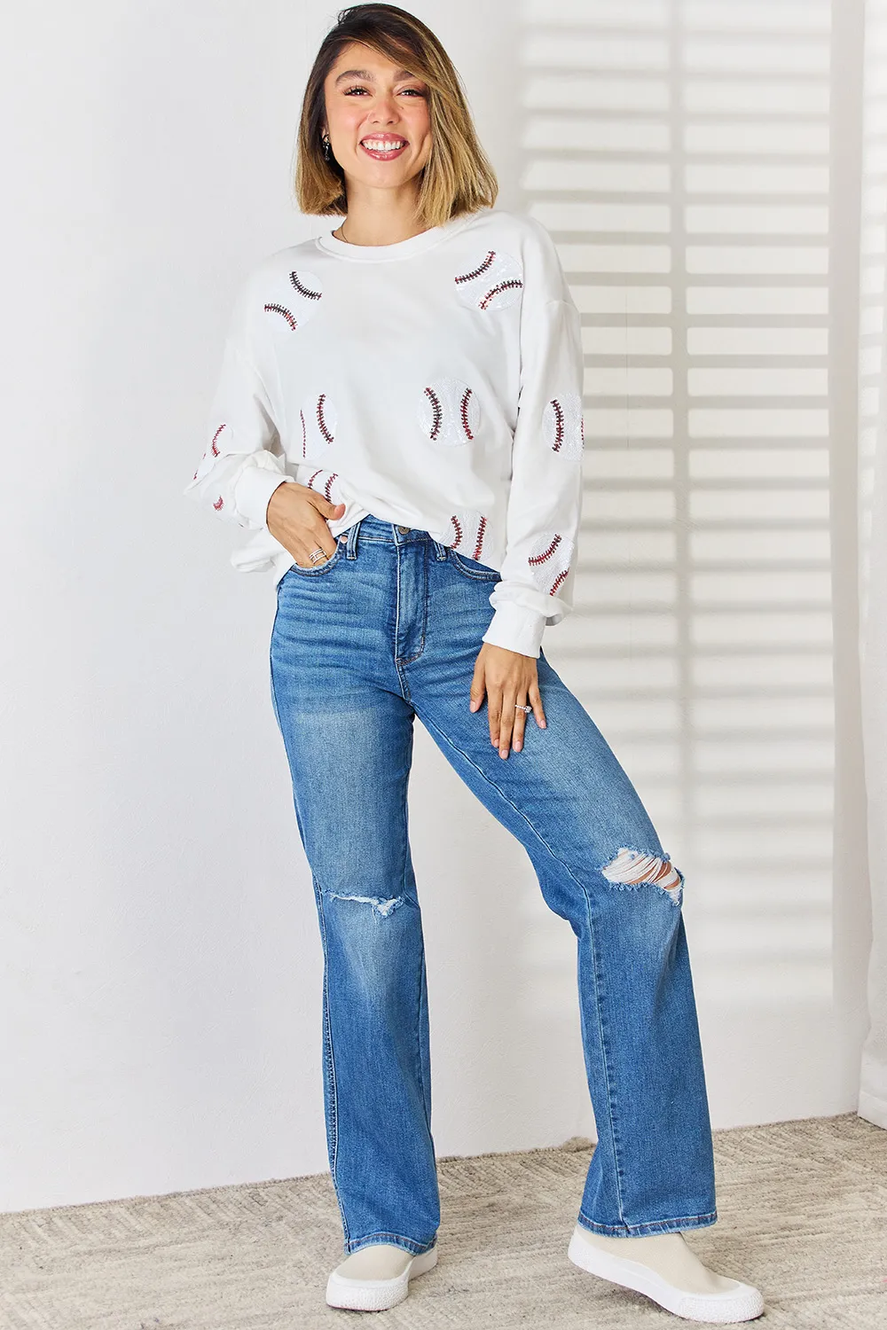 Sequin Baseball Round Neck Dropped Shoulder Sweatshirt, image 9