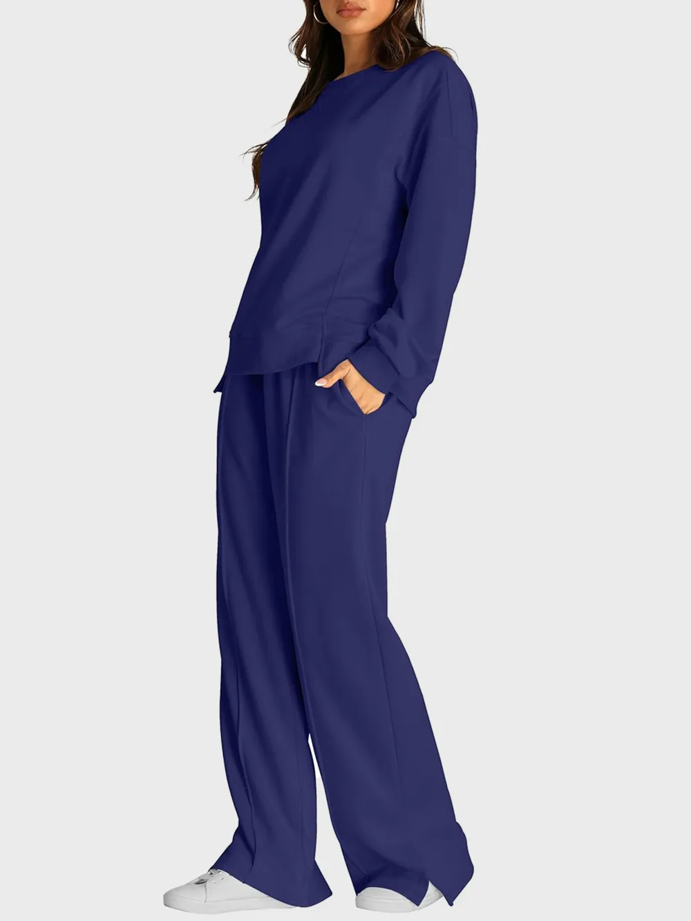 Round Neck Long Sleeve Top and Slit Pants Set, image 15