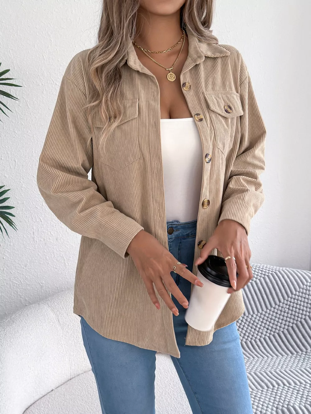 Casual Corduroy Button-Up Shacket, image 3