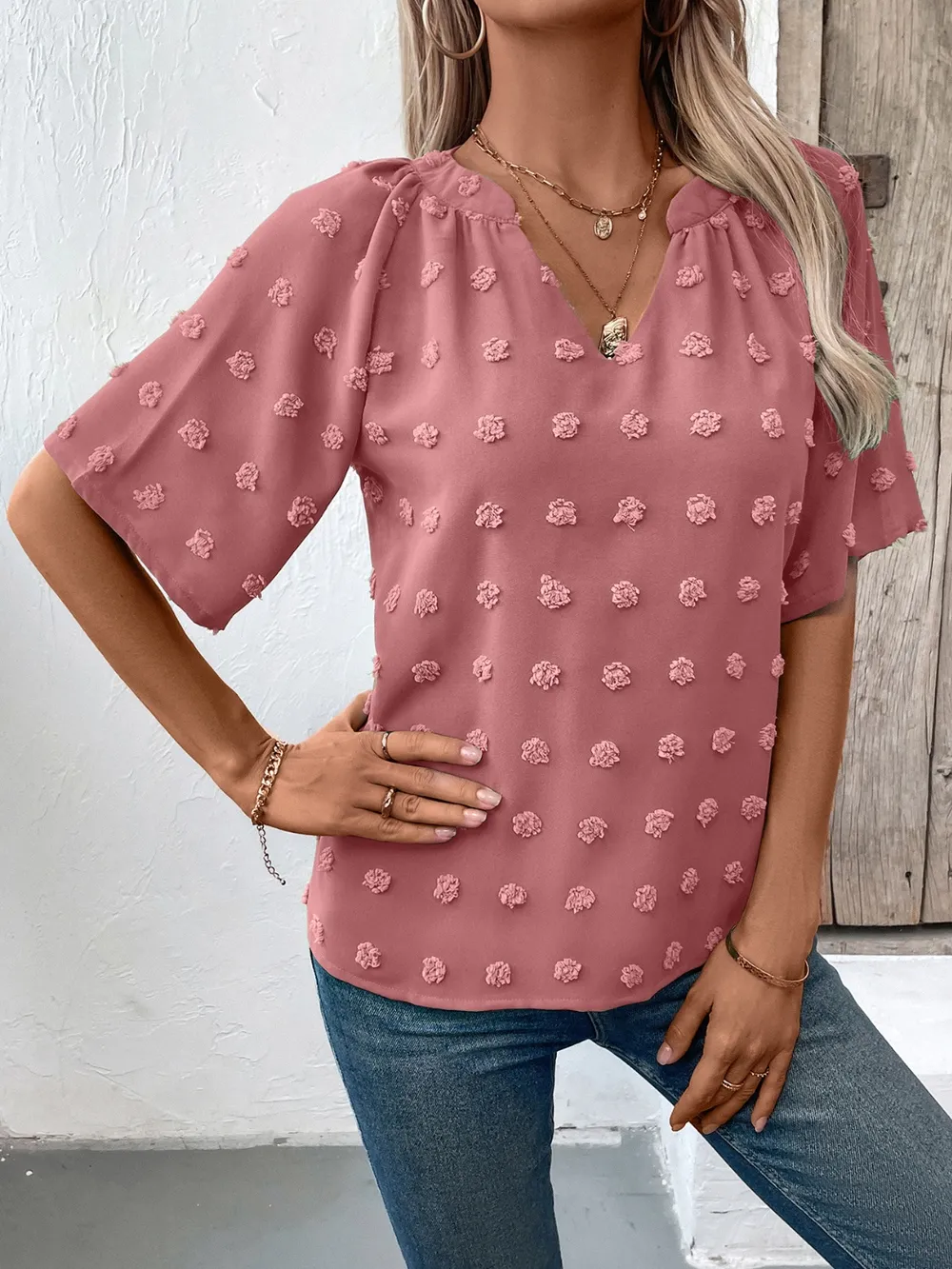 Swiss Dot Notched Half Sleeve Blouse, image 13