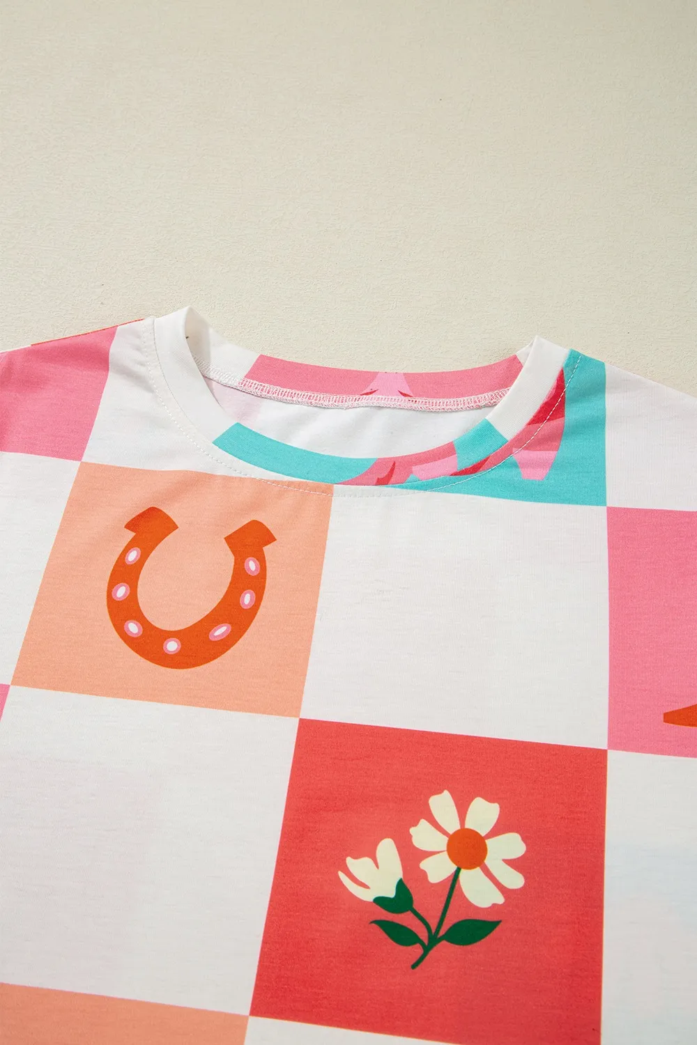 Checker Print Round Neck Short Sleeve T-Shirt, image 4
